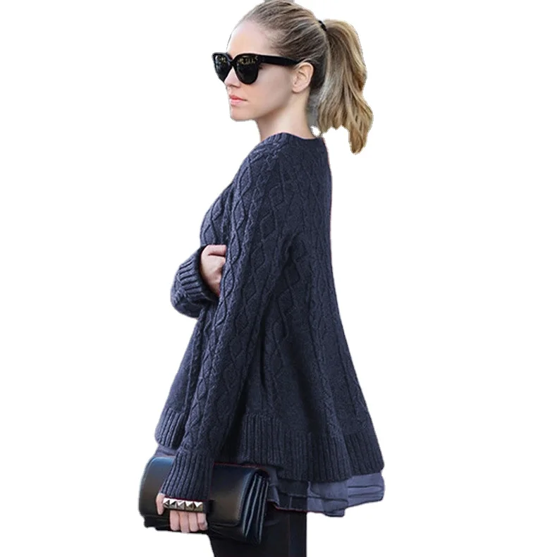Осень/Зима 2021 Свободный пуловер в европейском и американском стиле однотонный вязаный свитер новая женская одежда с кружевным подолом