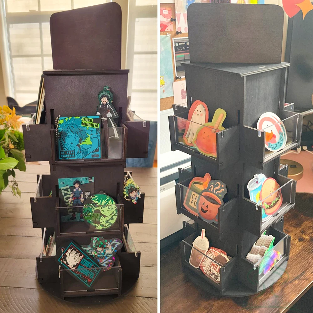 3 Tier Rotating Sticker Display Stand for Vendors,Wooden Countertop Organizer Shelf for Coasters, Retail, Showcase, Tradeshow