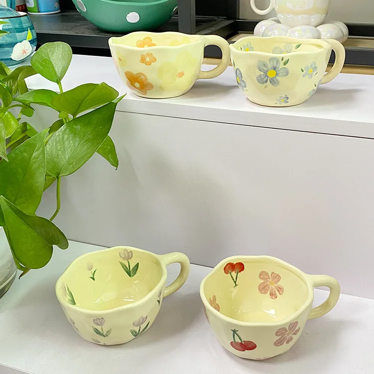 2023 ins Korean style milk yellow hand pinch irregular ceramic hand-painted cup ceramic coffee cup breakfast cup