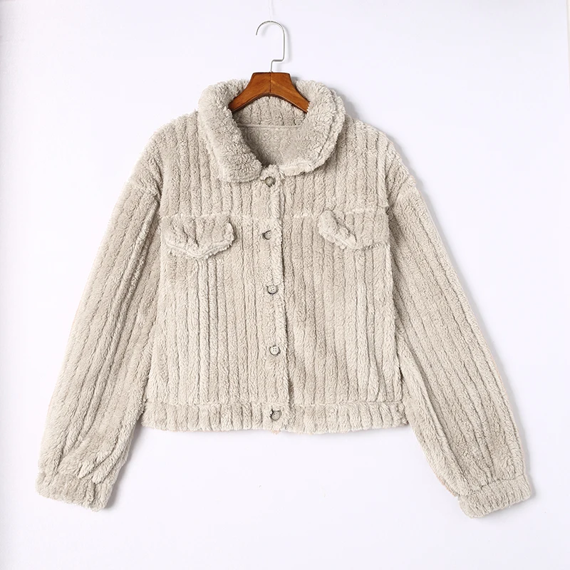 Shewin Clothing 2024 Fall/Winter Collection Casual Corduroy Plush Fleece Jacket for Women Solid Button Llama Lamb Fluffy Coat