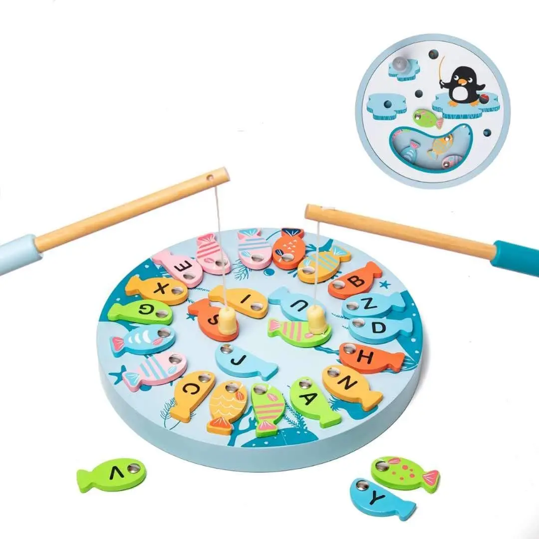 Magnetic Fishing Game Wooden Toy for Kids 26 PCS Alphabet Letters Magnetic Fishing Toy for  3 4 5 Year Old  Kids and Toddlers