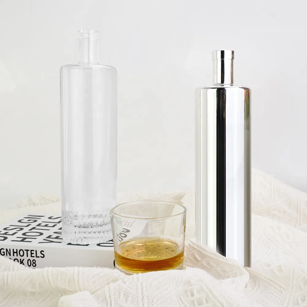 Customized bottle vodka 750 ml new design glass bottle vodka 750ml electroplating liquor glass bottle with lid