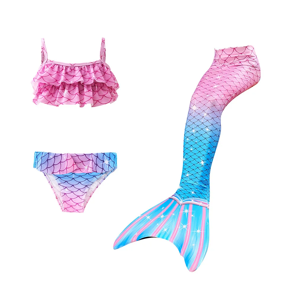 3 pieces Digital print polyester spandex Cosplay Costume Bathing Suit beautiful colorful mermaid swimsuit for 12 year olds