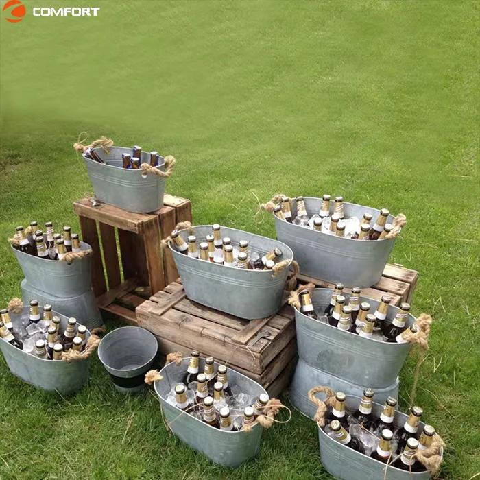 Portable Double Handle Champagne Bottle Stainless Steel Beverage Tub Galvanized Metal Beer Ice Bucket