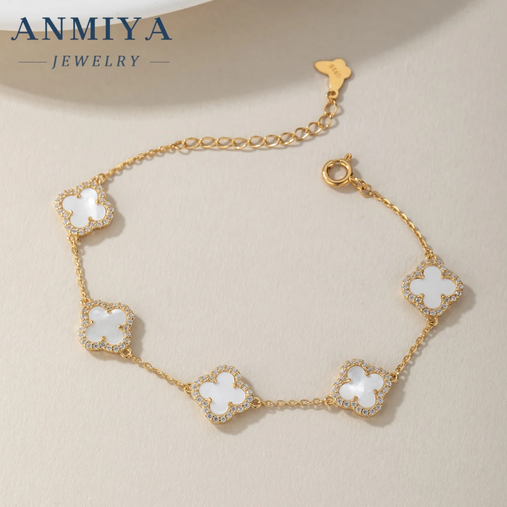 ANMIYA S925 Silver High Quality Lucky Clover Bracelet Exquisite Fashion Charm Classic  Leaf Silver 925 Bracelet