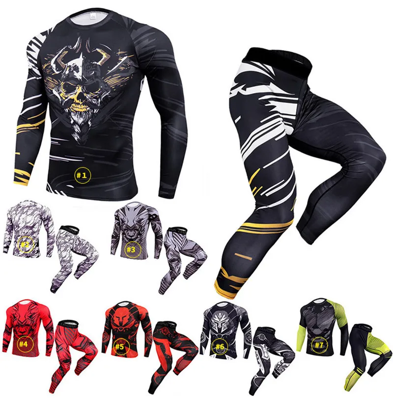 Custom Printed Mens Long Sleeve BJJ MMA Rash Guard Mens Compression Tights T shirt+leggings+shorts set