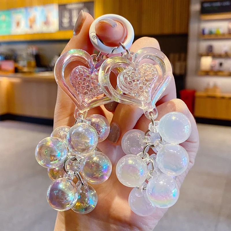 Baimao creative acrylic colorful love beaded keychain pendant fresh sweet transparent key chain bag accessories pendant