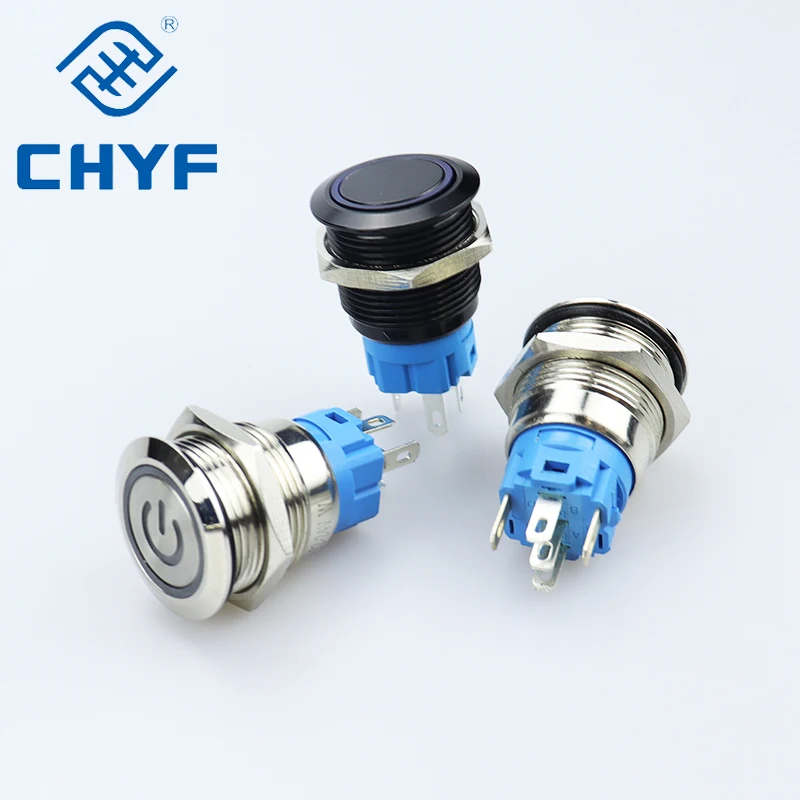 Momentary 220V 120 volt 12v 22mm waterproof power dpdt black push button led metal switch manufacturer 12mm 16mm