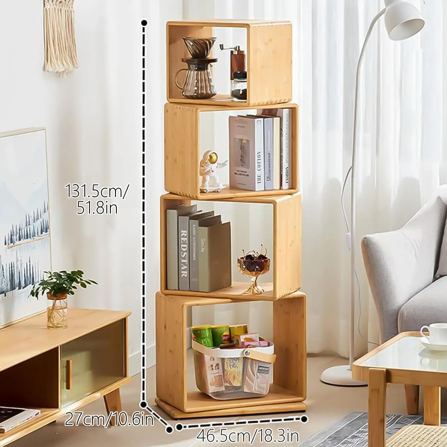 Free-Standing Bookshelf Large Capacity Creative Open Book Cabinet Rotating Bamboo Bookcase for Home Office