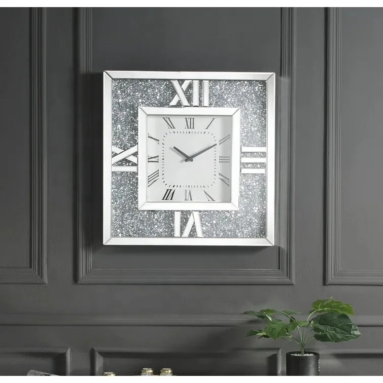 Modern living room home decor mirrored crushed diamond luxury square wall clock