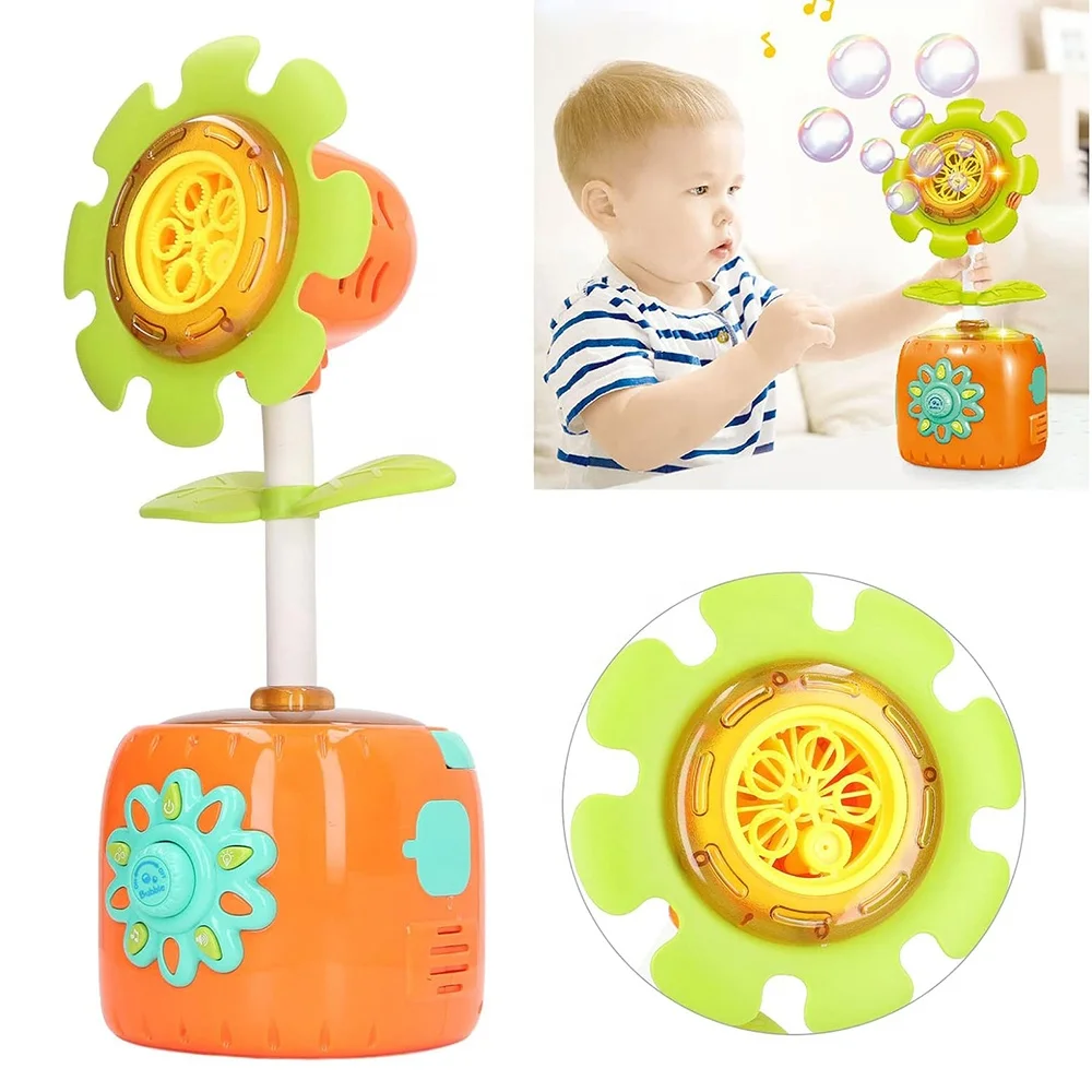 Kids Electric Bubble Maker Blow Plastic Bubble Toy Sunflower Shape Colorful Light Music Bubble Machine with Refill Solution 40ml