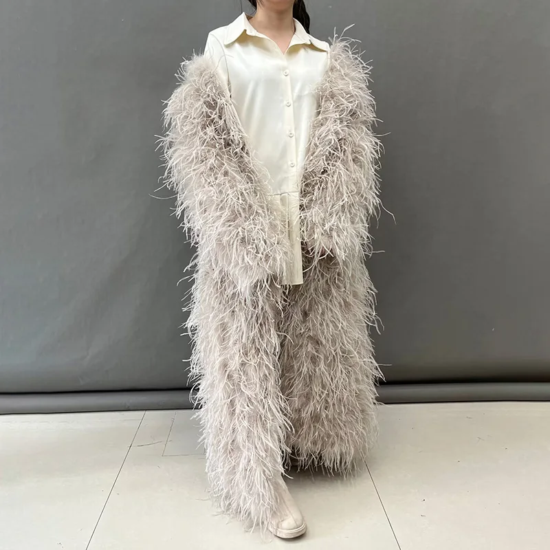 Women Custom Make Extra Long Ostrich Feather Fur Coat Luxury Jacket