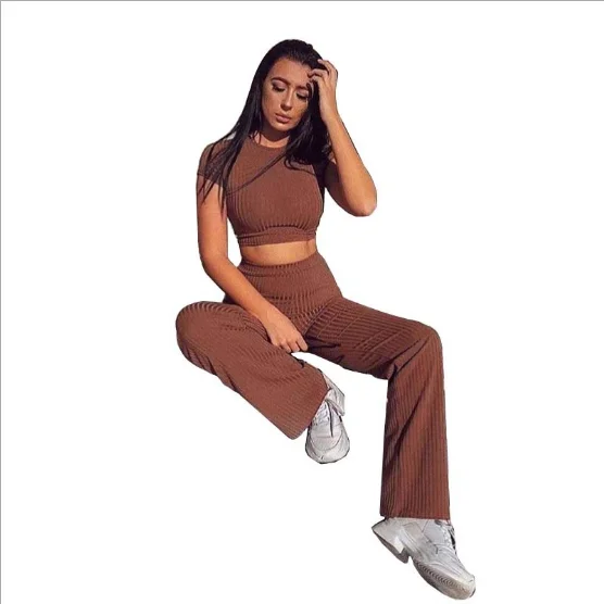 
Short Sleeve Two Pieces Set Round Neck Tops High Waist Wide Legs Long Pants women jumpsuits and rompers 