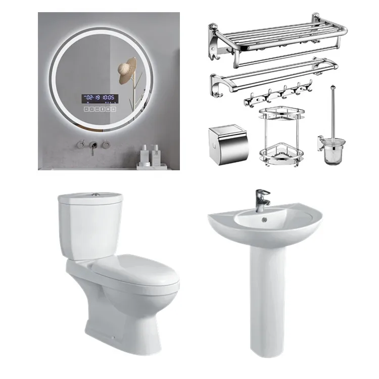 Economic price white color sanitary wares two piece toilet set with wash basin toilet mirror in bathroom