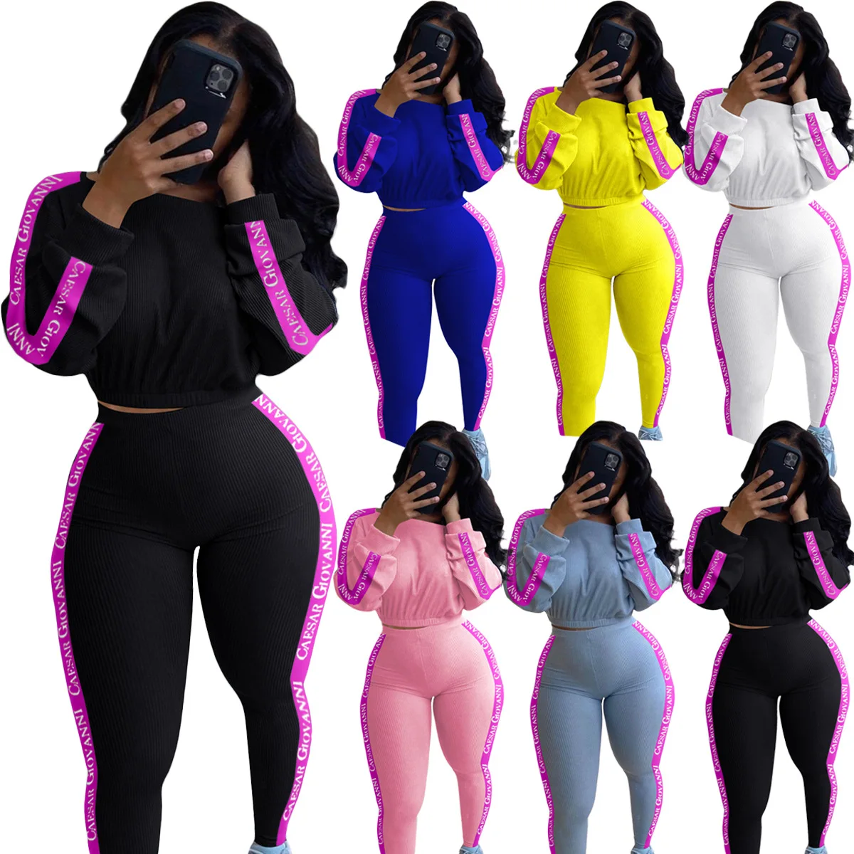 
2021 Fashional TAPS Ribbing fabric letter printing casual 2 pieces tracksuit women 