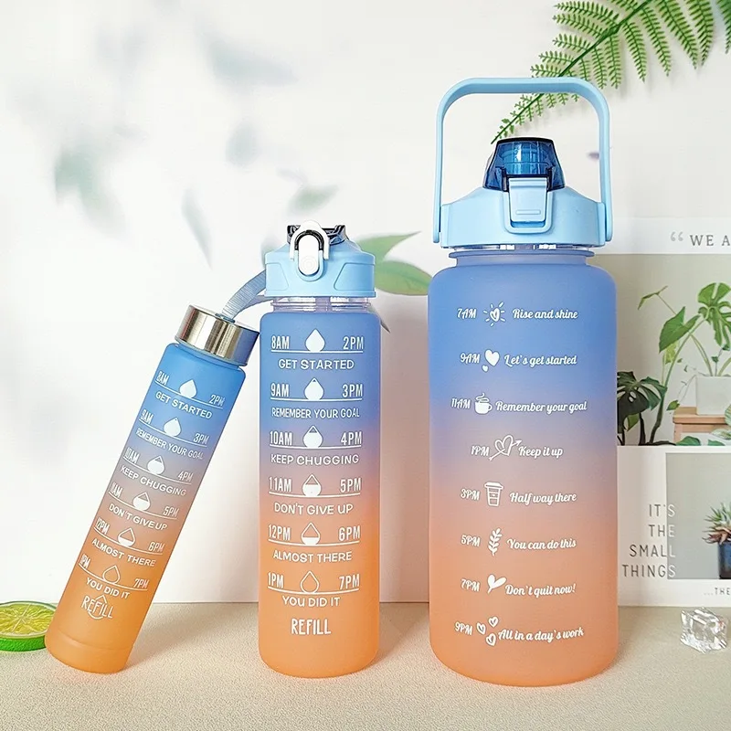 3 set Plastic Sport Gym Motivational Bottle Flip Top Cover Drink Water Bottle With Time Marker Straw Strainer