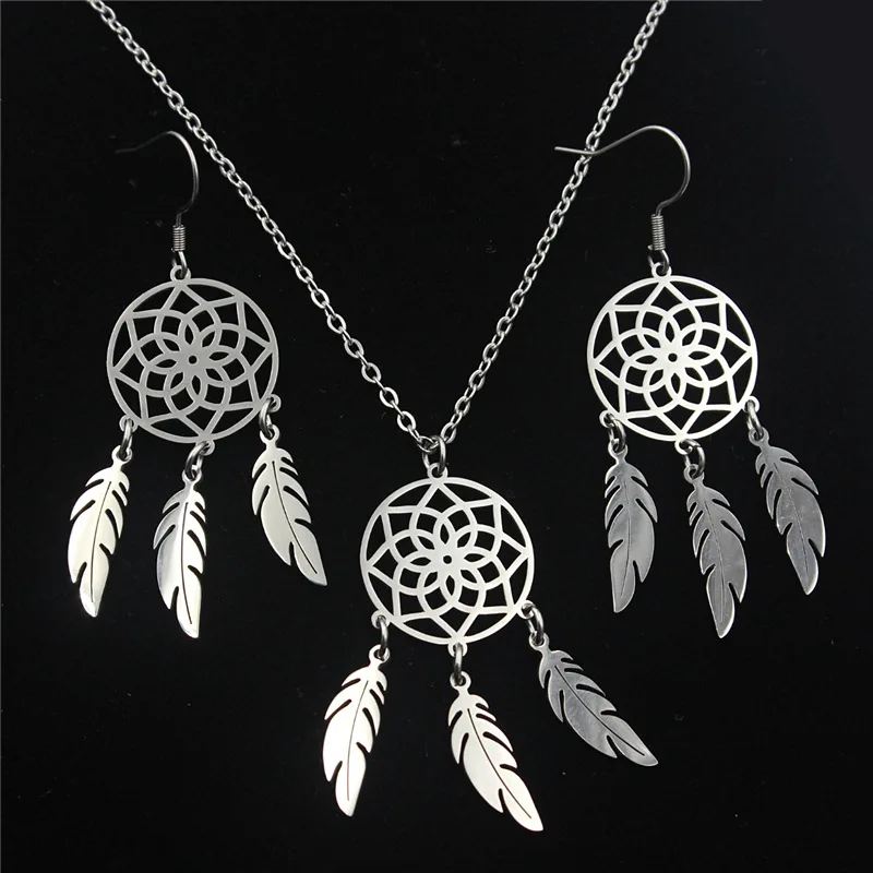 Stainless steel feather necklace hollow earrings Fashion Teen Girls Necklace Stud earrings