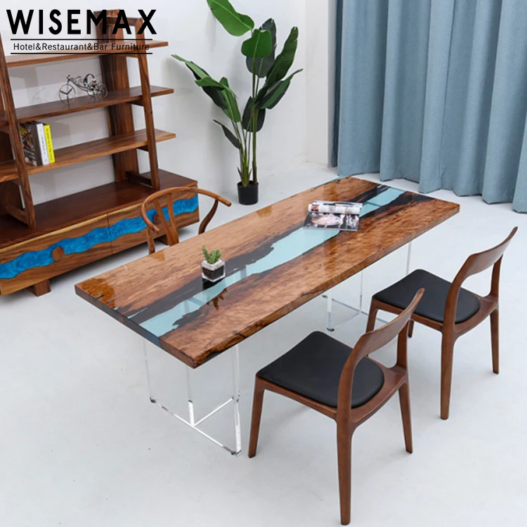 Высококачественный современный обеденный стол из твердой древесины с прозрачной речной поверхностью из эпоксидной смолы