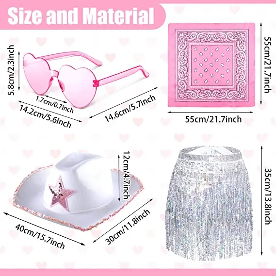 4 Pcs Cowgirl Costume Outfits for Women Cowboy Bachelorette Hat  Skirt Heart Shape Glasses Disco Bachelorette Party Accessories
