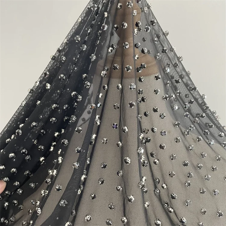 High quality Evening dress heavy sexy beige rhinestone tulle lace fabric for women