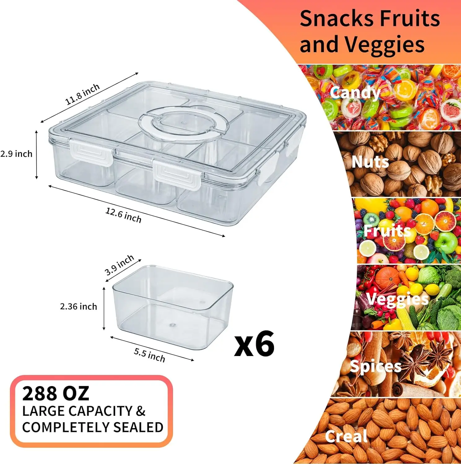 Extra Large Fruit Snack Storage Box Containers for Fridge Picnic Parties Snackle Box Veggie Tray Divided Serving Tray with Lid