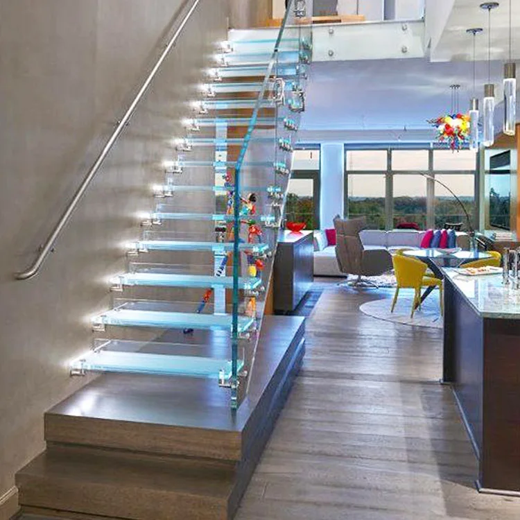 floating staircase system construction laminated glass steps treads with led light prices