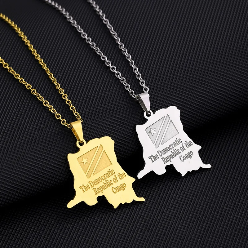 Manufacturer Democratic Republic of Congo Map Chain Necklaces Stainless Steel 18K Gold Plated Congo Flag Map Pendant Necklace