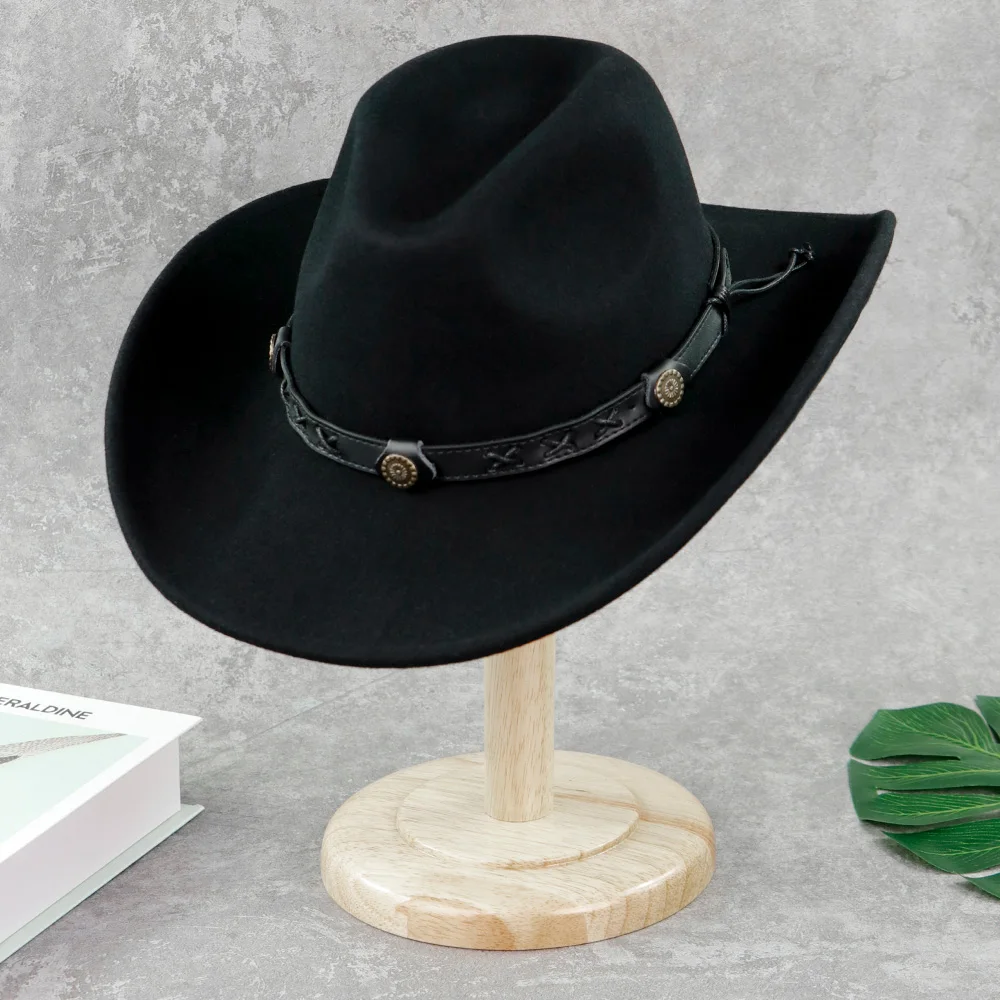 LiHua Wholesale Unisex 100% Wool Felt Large Brim Cowboy Hat Men Customized Leather Cowboy Hats