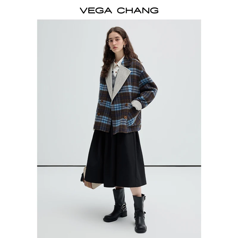 VEGA CHANG Popular Commuting  Design Sheep And Alpaca Wool Double-Faced Wool Tweed Plaid Wool  Coat