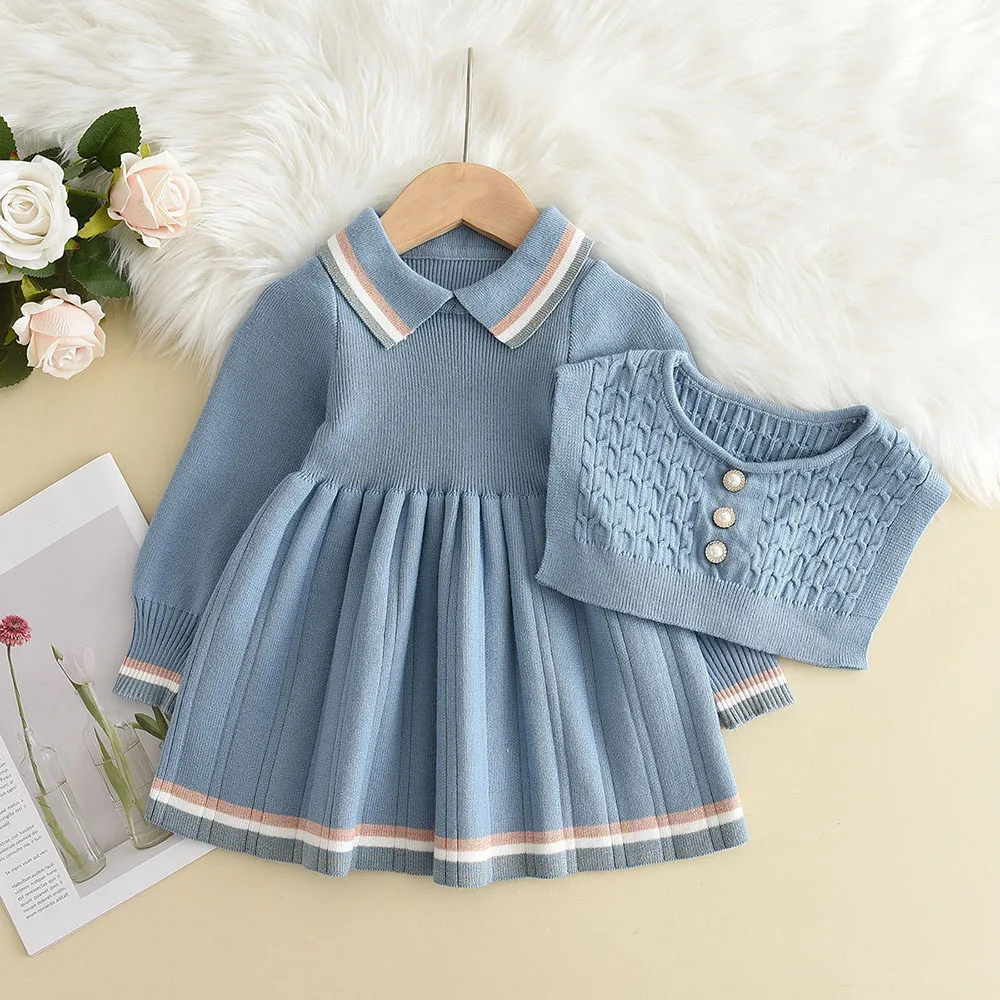 Hot Selling Winter Sweater Knit Cotton Cardigan Set Soft Girl Knitted Sweater Skirt Set Organic Baby Girls Clothing Set