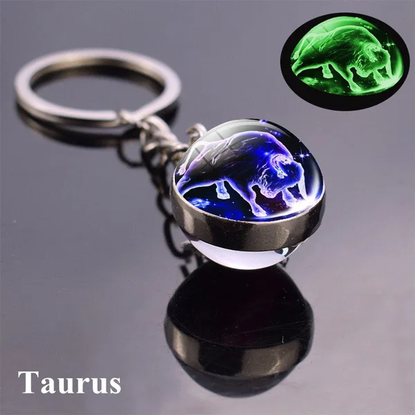 12 Zodiac Keychain Pendant Time Gem Luminous Glass Ball Pendant Metal Key Chain