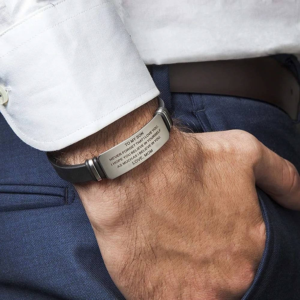 GJB141 Classic to my son message accessories plain custom 316l stainless steel hand bracelet silicone wristband rubber religious