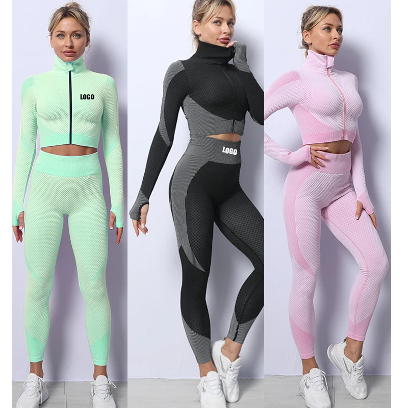Free LOGO Wholesale full 11 colors Women Sports Gym Wear Tights And Crop Top 2 Pieces Seamless Women Yoga Set