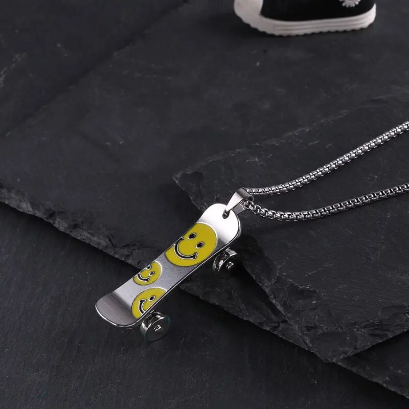 Wholesale Stainless Steel Smile Smiley Face Hip Hop Skateboard Pendant Necklace