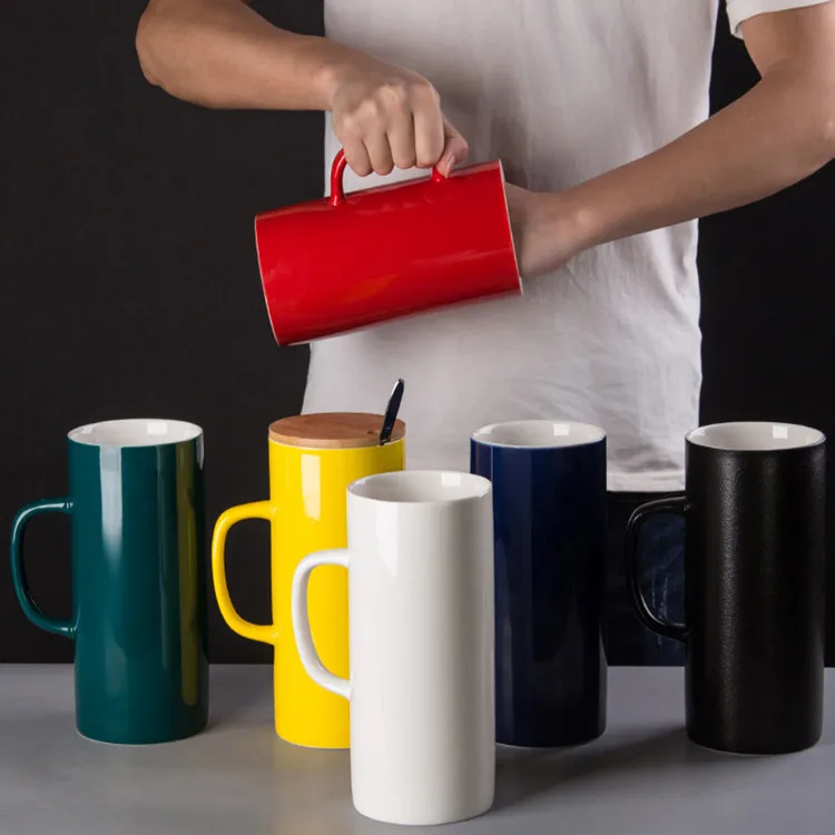 40oz Custom Logo Handmade Ceramic Coffee Mugs White Black Extra Large Size with Bamboo Lid and Spoon