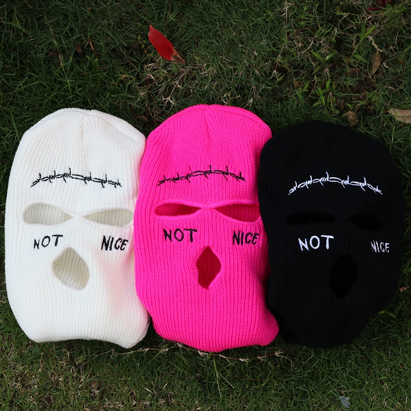Wholesale Custom Quality Designer  Knitted Embroidery Full Face Cover 3 Hole Balaclava Ski Mask Winter Beanie Hat For Men Women