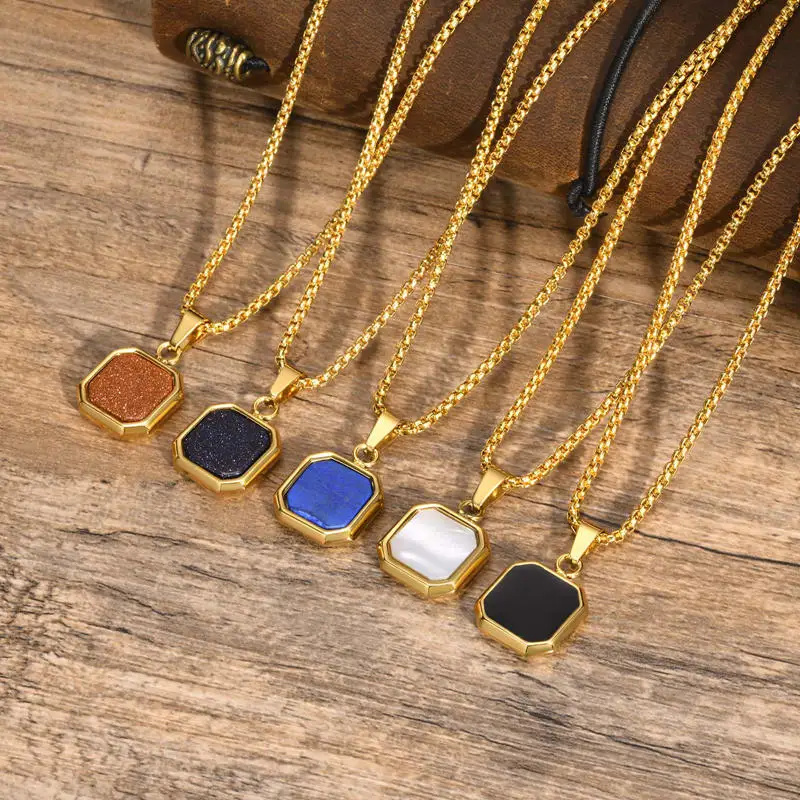 Fashion jewelry men square turquoise stone pendant necklaces acrylic 18k gold plated stainless steel shell charms necklace