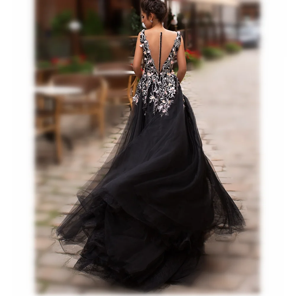 Customized v neck 3d flower prom dress a line lace evening dress women