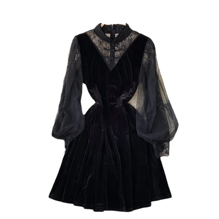 Korean Chic Long Sleeve Lace Patchwork Velvet Dress Women Evening Dresses Clothing