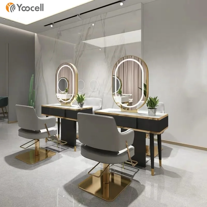 Классическая роскошная мебель Yoocell для парикмахерской светодиодная зеркальная станция зеркало
