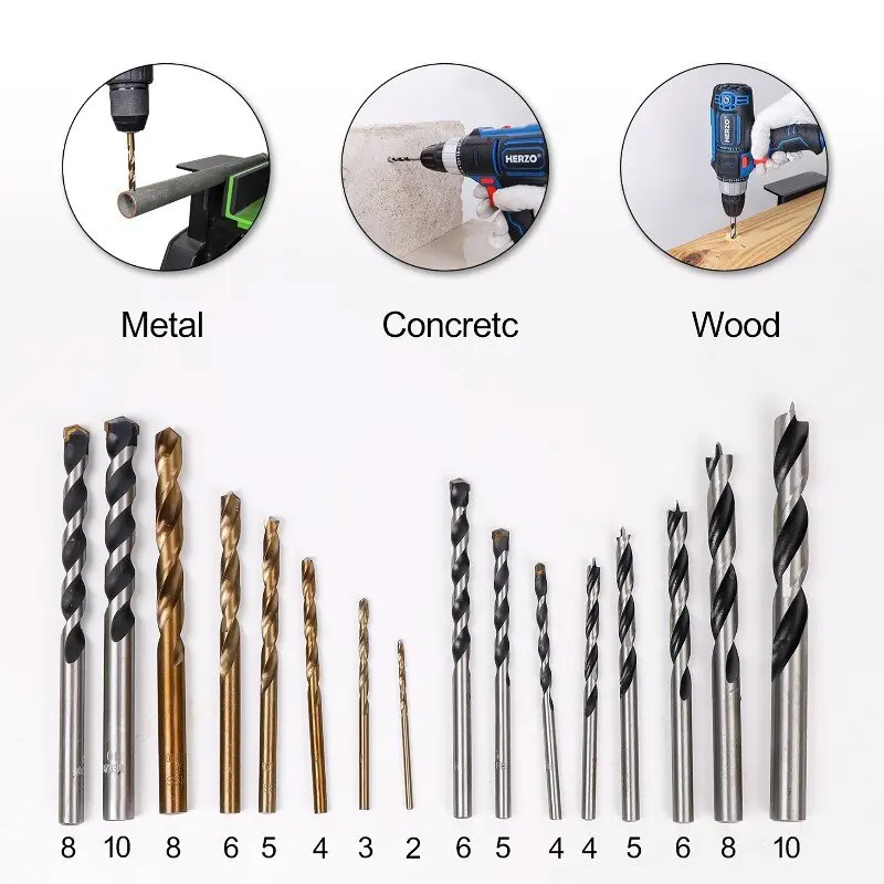 HERZO 16-Piece Drill Bit Set Alloy Diamond Core Bit for Metal Wood Concrete & Plastic Drilling Twist Drill Bit