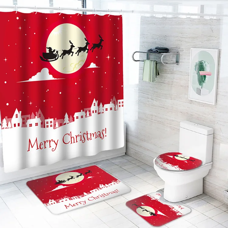 
Lianquan Santa Claus shower curtain custom waterproof digital printing four-piece toilet floor mat shower curtain set 