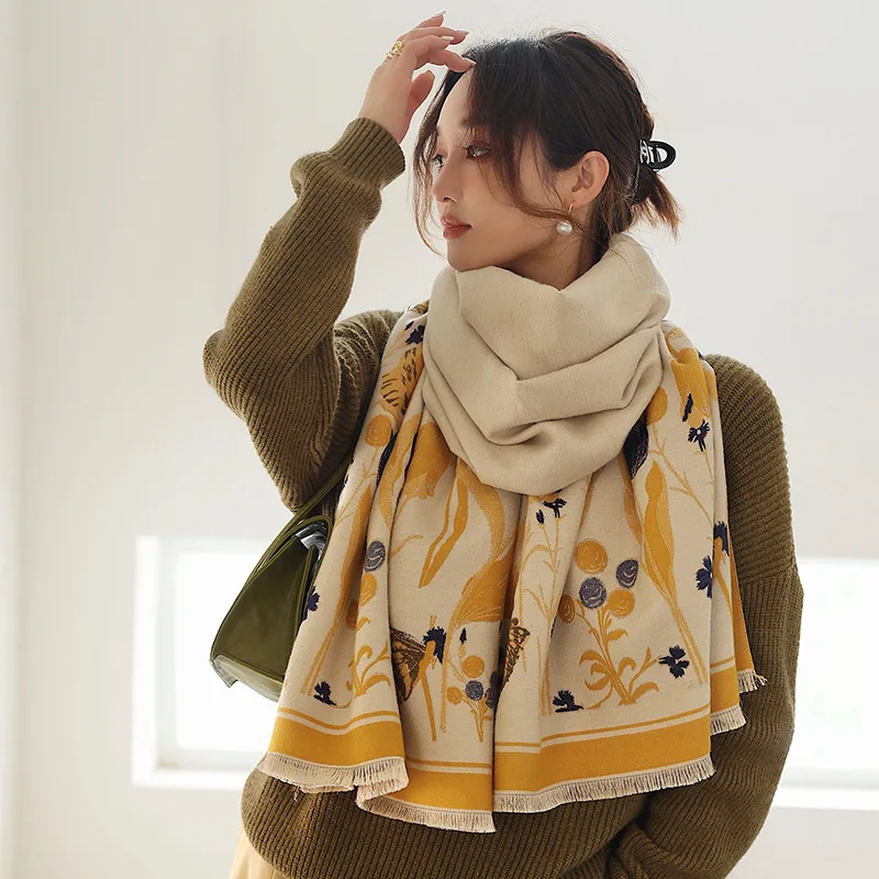 New Luxury Cashmere Warm Thick Printed Scarf Women Cashmere Dual Use Long Shawl