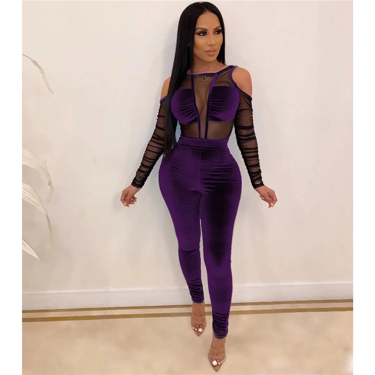 2020 new design black zipper mesh patchwork tight bodycon club wears women jumpsuits