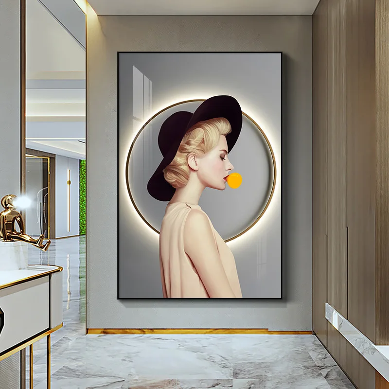 Wholesale modern figure people LED wall art painting crystal porcelain art frame living room home decoration