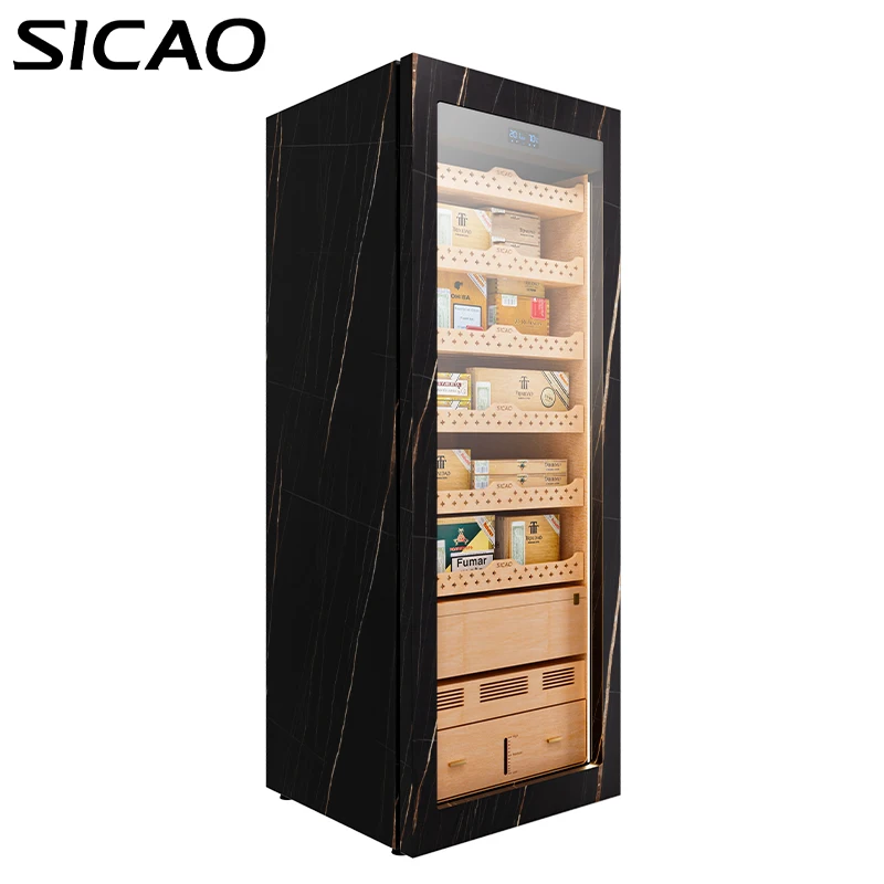 SICAO CS1800 Intelligent Digital Display Cigar Cabinet Cooler 495L R600a Holds 2000-3000 Cigars Natural Spanish Cedar Wood black