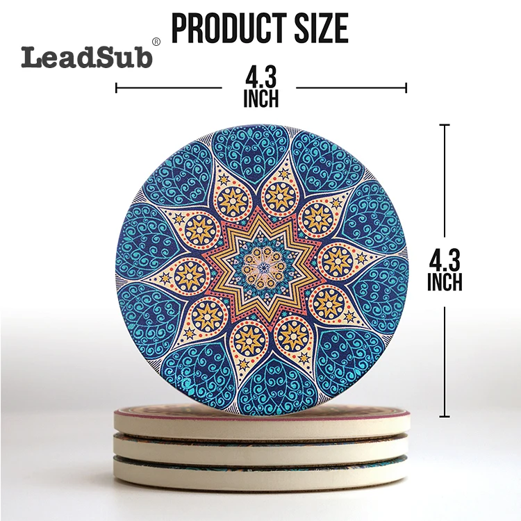 China supplier Leadsub 2022 Amazon hot-sale sublimation mandala design round ceramic coaster with cork back