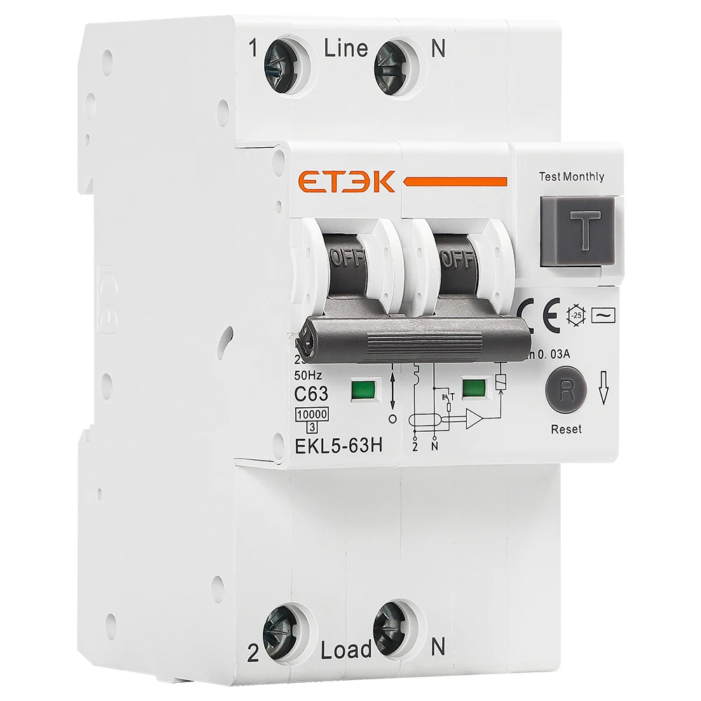 ETEK rcbo type ac mcb EKL5-63H 2p circuit breakers 35mm din rail rcbo
