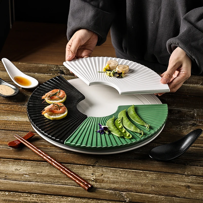 Japanese Style Fan-shaped Sushi Plate Restaurant Dinning Porcelain Ceramic Dinner Sushi Plate Sets