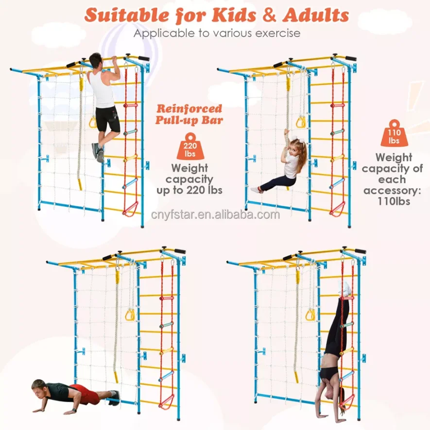 Factory Price Wall Mounted Kids Jungle Gym Indoor Playground Climbing Set with Swedish Ladder and Rope Wall